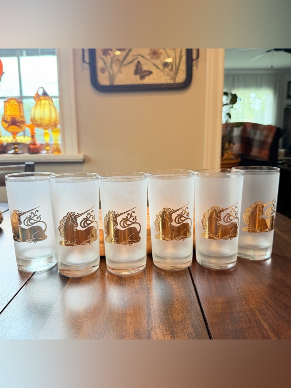 Vintage MCM Culver 22k Gold Unicorn Frosted Highball Cocktail Glasses -Set of 6